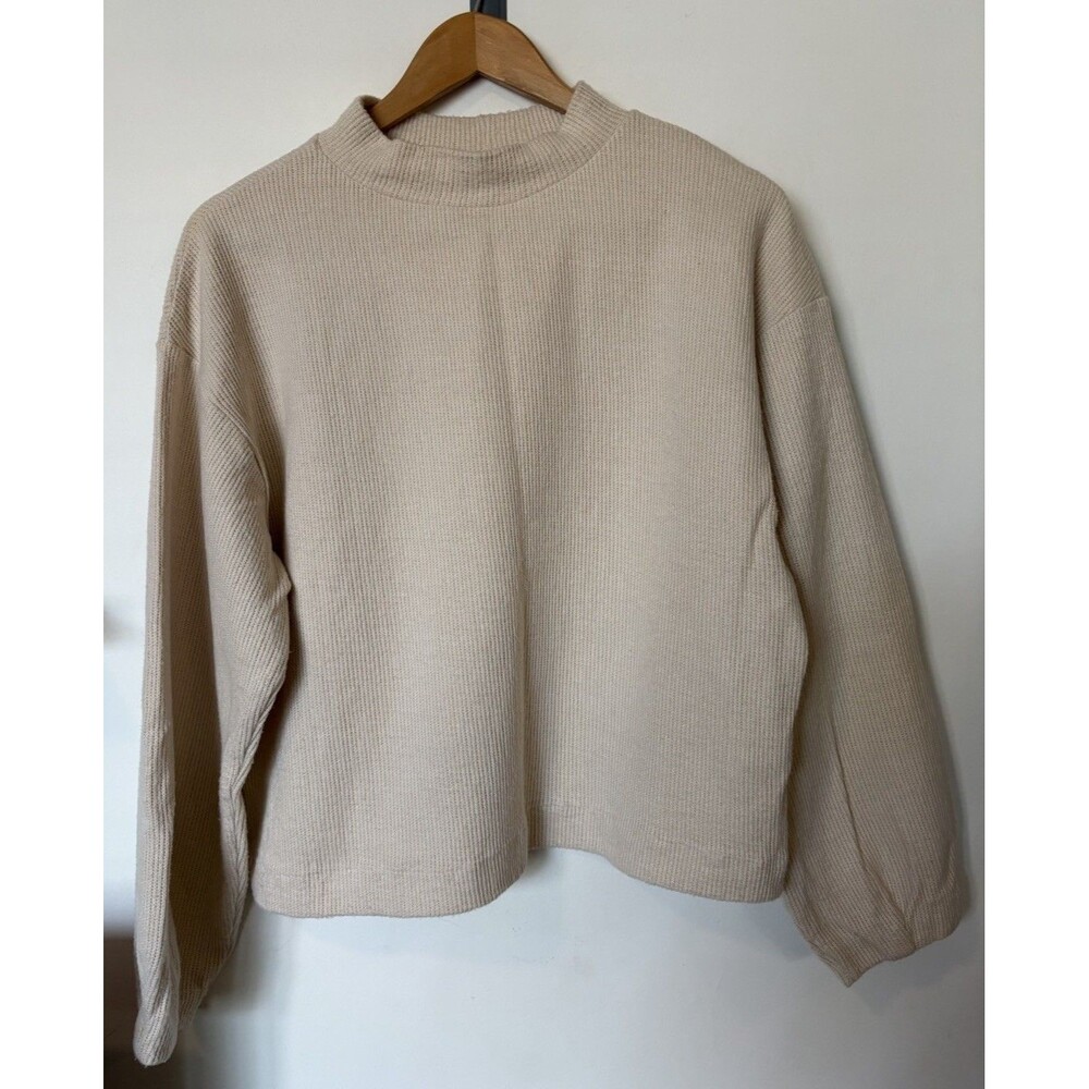 Zara Cream Mock Neck Balloon Sleeve Ribbed Knit Sweater Size Medium
